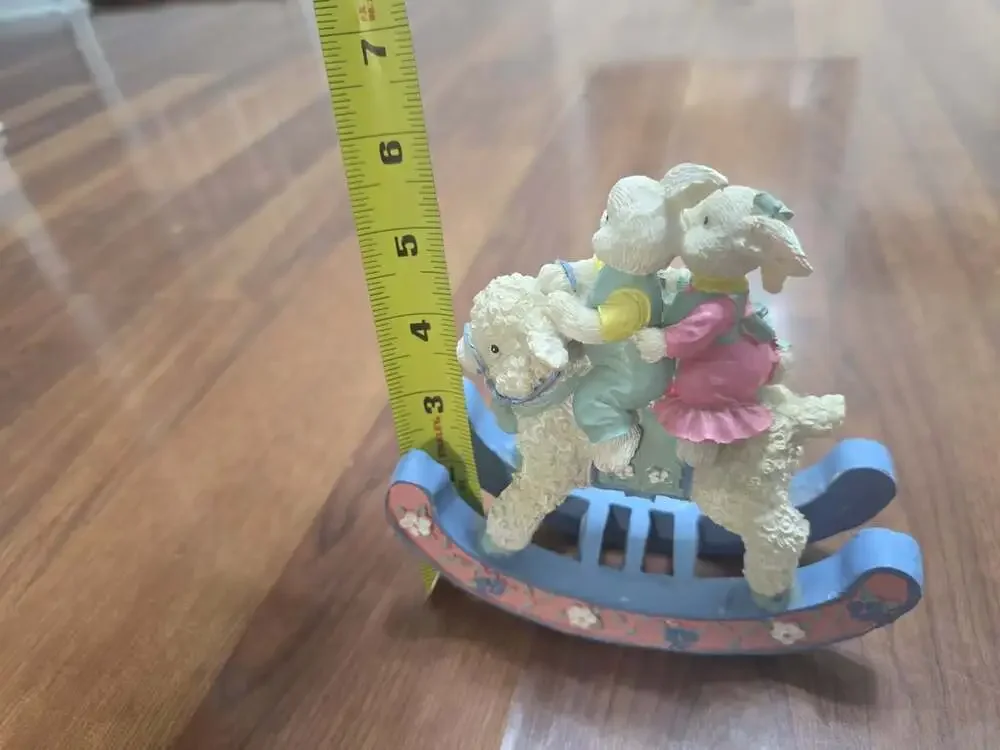 Vintage Resin Easter Bunny Rabbit Figurines Riding On Blue Rocking Lamb READ